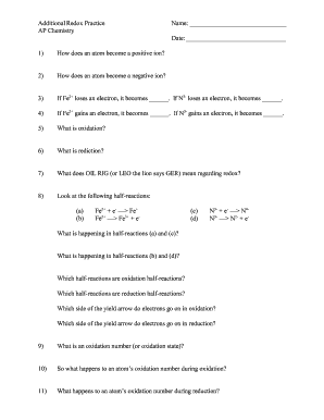 AP Chemistry Redox and Concentration Practice Worksheet