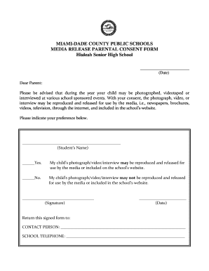 Miami-Dade County Media Release Parental Consent Form
