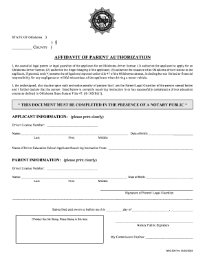 Oklahoma Parent Authorization Affidavit