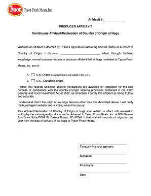 Producer Affidavit for Country of Origin of Hogs