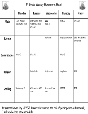 Fillable Online 4th Grade Weekly Homework Sheet Fax Email Print - pdfFiller