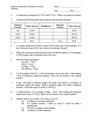 Chemistry Worksheet: Empirical, Molecular, and Hydrate Formulas