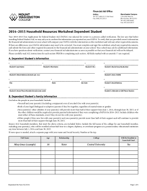 2014–2015 Household Resources Worksheet Dependent Student