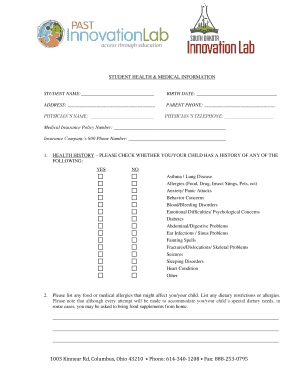 Student Health and Medical Information Form