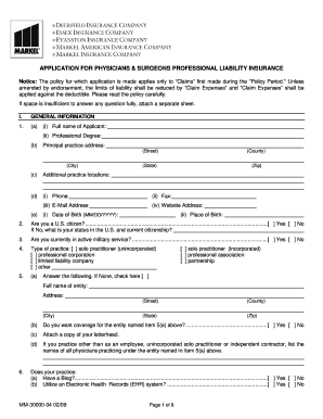 Physicians & Surgeons Professional Liability Insurance Application