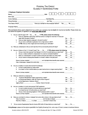 Federal Tax Credit Eligibility Screening Form
