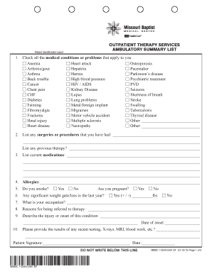 Outpatient Therapy Services Ambulatory Summary Form