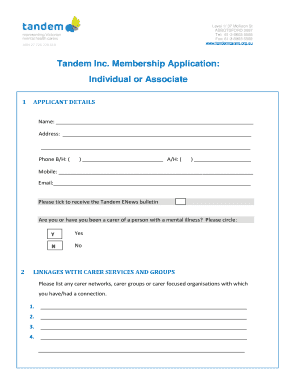 Tandem Inc Membership Application Individual or Associate - tandemcarers org