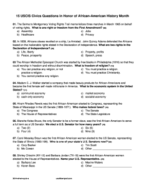 USCIS Civics Questions for African-American History Month