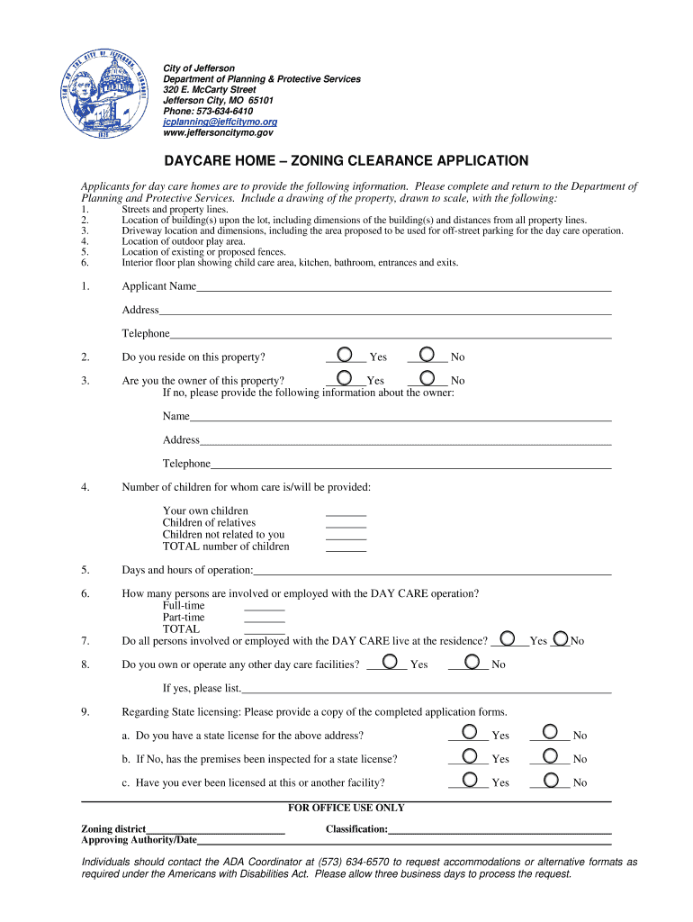 Fillable Online DAYCARE HOME ZONING CLEARANCE APPLICATION Fax Email