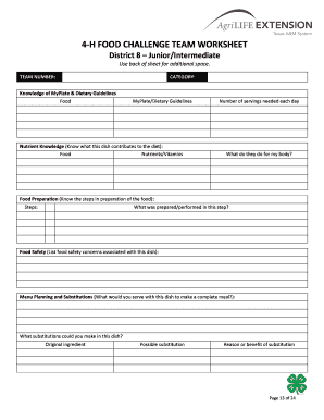 4-H Food Challenge Team Worksheet