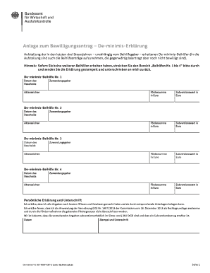 Anlage zum Bewilligungsantrag – De-minimis-Erklärung