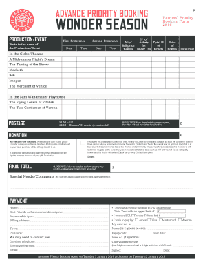 Shakespeare's Globe Advance Priority Booking Form