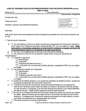AVISO DEL PROGRAMA EDUCATIVO RECOMENDADO/PREVIO AVISO POR ESCRITO (NOREP/PWN)
