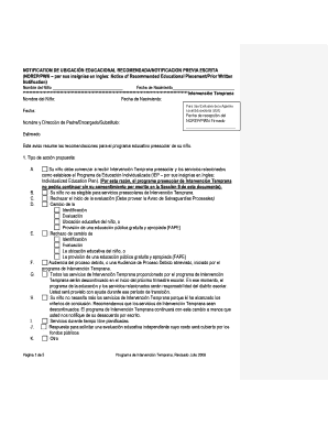 NOTIFICATION DE UBICACIÓN EDUCACIONAL RECOMENDADA/NOTIFICACION PREVIA ESCRITA