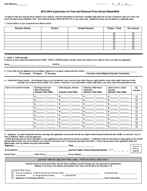 2013-2014 Application for Free and Reduced Price School Meals