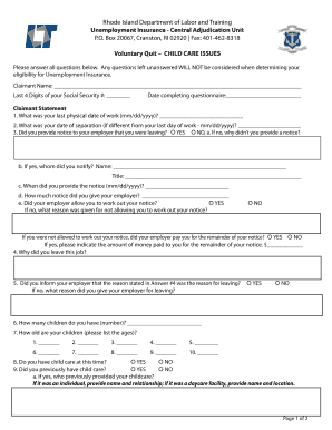 Rhode Island Unemployment Insurance Voluntary Quit Child Care Form