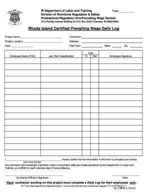 Rhode Island Certified Prevailing Wage Daily Log