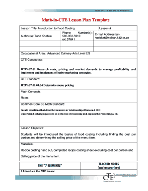 Food Costing Lesson Plan Template