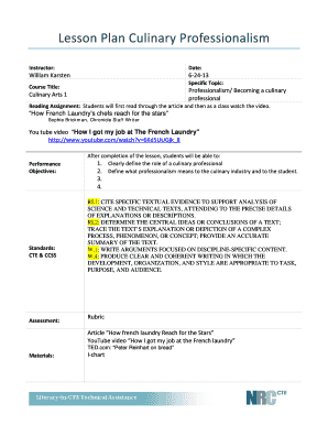 Culinary Professionalism Lesson Plan