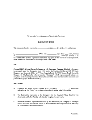 Indemnity Bond for Lost Insurance Policy