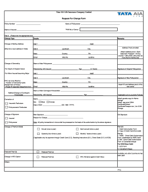 Tata AIA Life Insurance Request For Change Form