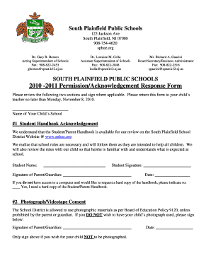 South Plainfield Student Handbook Permission Form