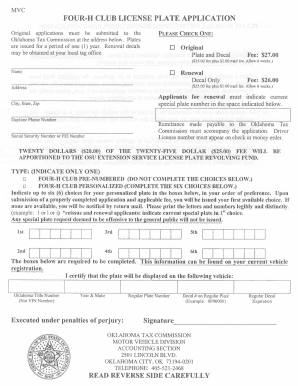 Four-H Club License Plate Application