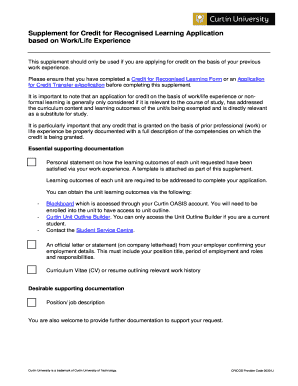 Curtin University Credit for Recognised Learning Supplement
