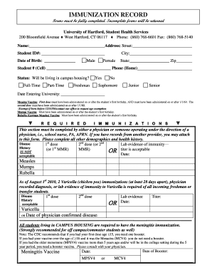 University of Hartford Immunization Record Form