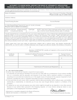 Authority to Honor Initial Deposit for Life/Annuity Application