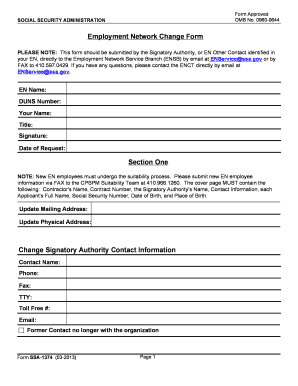 Employment Network Change Form SSA-1374