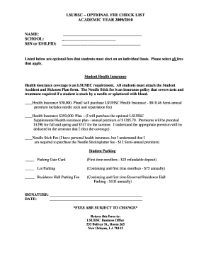 LSUHSC Optional Fee Checklist