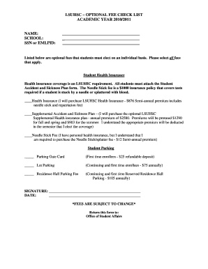 LSUHSC Optional Fee Checklist