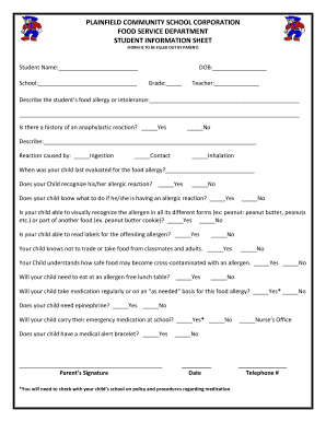Student Food Allergy Information Sheet