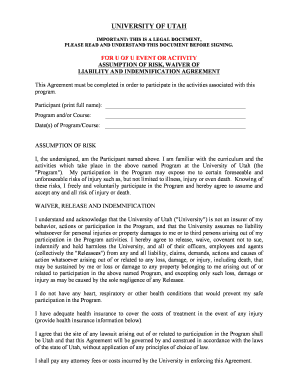 University of Utah Assumption of Risk Waiver