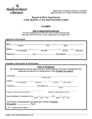Plumber Trade Qualifier Work Experience Form
