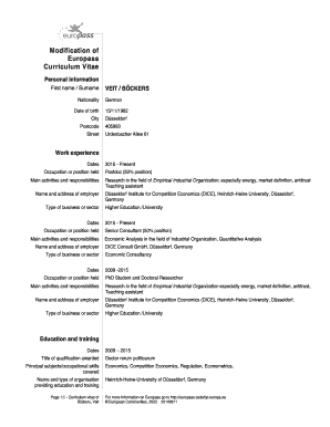 Modification of Europass Curriculum Vitae