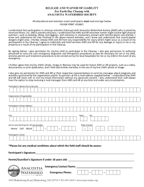 Release and Waiver of Liability for Earth Day Cleanup