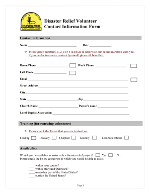 Disaster Relief Volunteer Contact Information Form