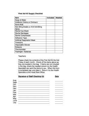 First Aid Kit Supply Checklist