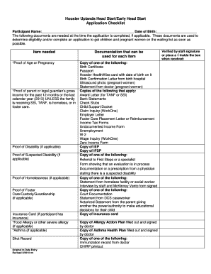 Hoosier Uplands Head Start Application Checklist