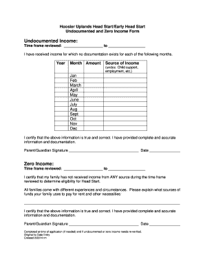 Hoosier Uplands Head Start Income Form