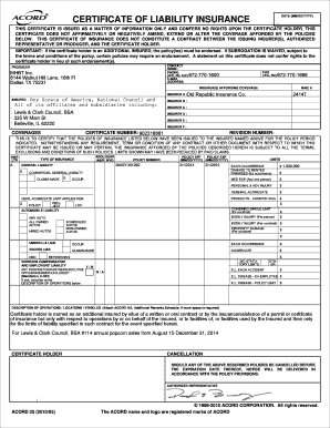 Certificate of Liability Insurance