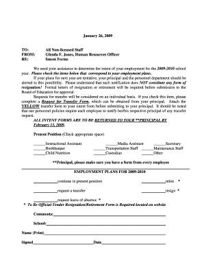2009-2010 Employment Intent Form