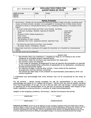 Jet Airways Pet Acceptance Declaration Form