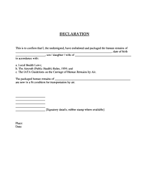 Embalming and Packaging Declaration for Human Remains