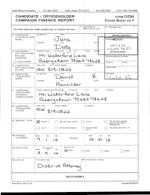 Texas Campaign Finance Report Cover Sheet