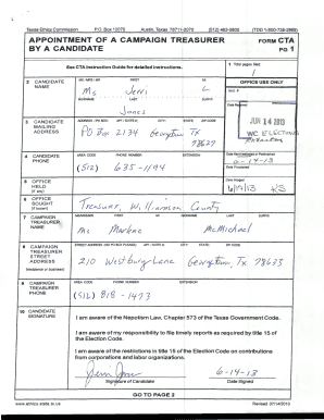 Texas Campaign Treasurer Appointment Form CTA