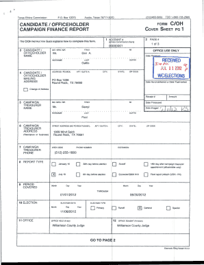 Texas Campaign Finance Report Cover Sheet